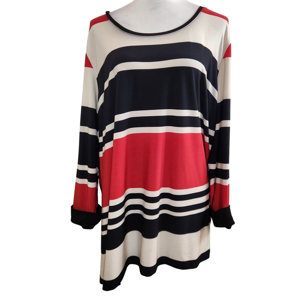 Susan‎ Graver Striped Long Sleeve Tunic Top Womens 3X Red Black White Colorblock